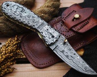 handmade damascus pocket knife folding knife Custom Hunting Damascus Pocket knife gift for him Birthday Anniversary gift fathers day gift