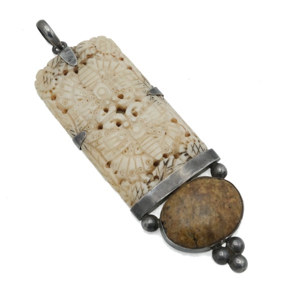 Large Bone Butterflies Pendant Carved Sterling Si… - image 1