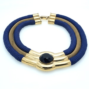 Vintage 1970s Statement Wide Necklace Blue Silk Cord Goldtone