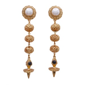 LONG Drop Dangle Oscar de la Renta Statement earrings Ornate Gold Tone