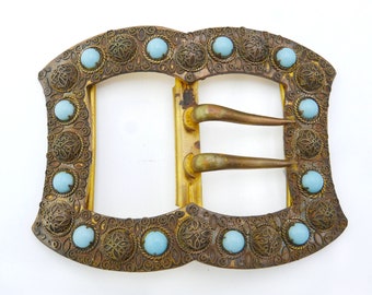 Large Antique Edwardian Brass turquoise Glass Cabochons Buckle Ornate Dots