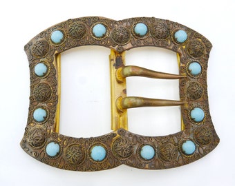 Antique Belt Buckle, Glass Cabochon, Art Nouveau, Brass  display picture 3