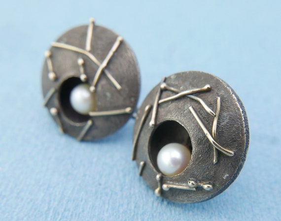 Vintage Modernist Studio  Earrings Jean Lasnier Sterling Silver 14k Pearls Birds Nest