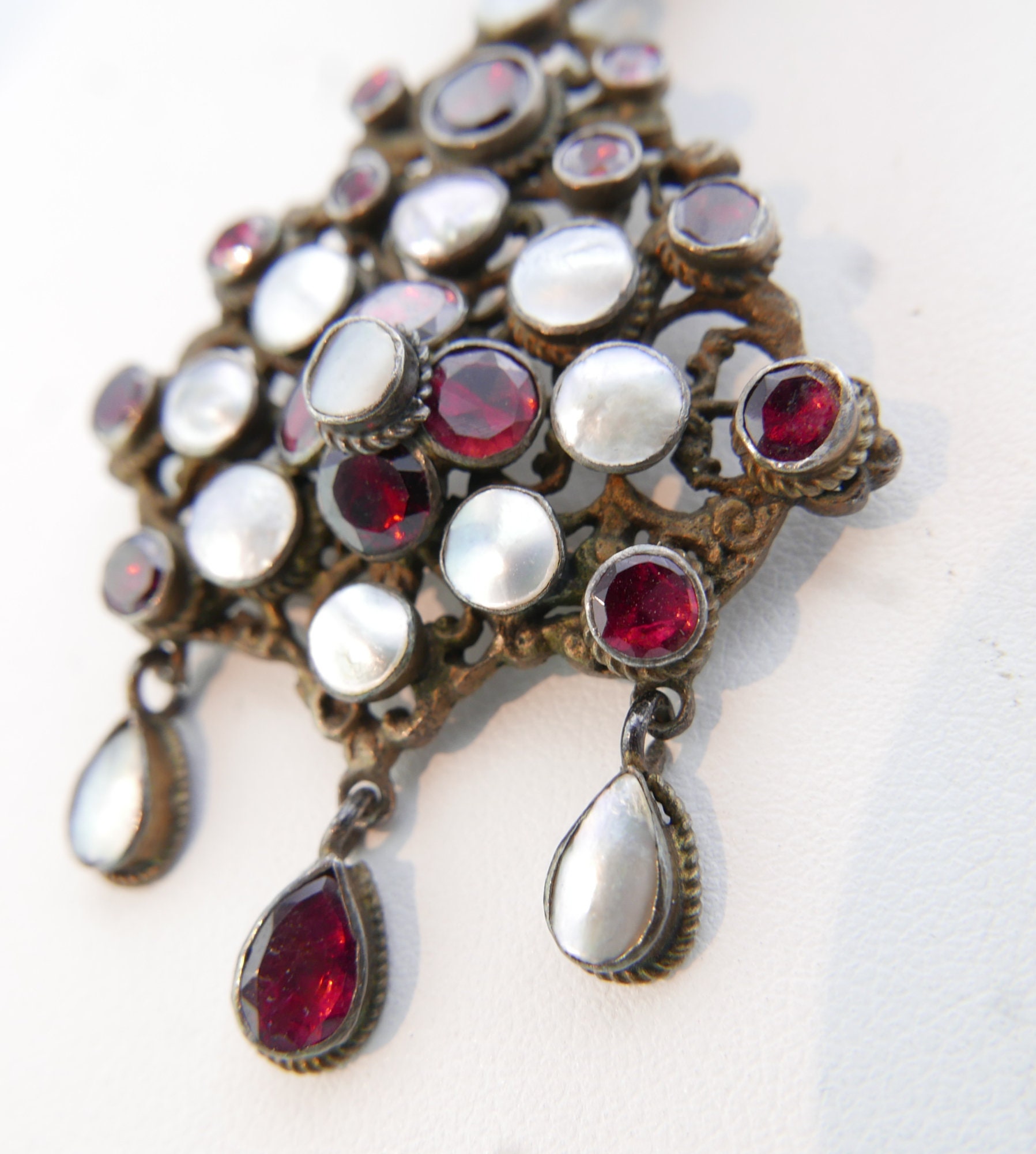 Collier Ras Du Cou En Or 14 Carats Avec Grenats Rouges Et Perles - Style Rivière Ancien Austro-Hongrois - Occasion