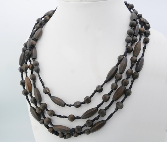 LONG Antique Victorian Vulcanite Bog Oak Beaded Chain  display picture 1