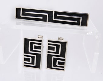 Vintage Abstract Modernist Geometric  Sterling Silver Taxco Cufflinks Tiebar Set Signed