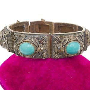 HOLD Francesca Antique Vintage Chinese gilt silver Filigree Persian Turquoise Bracelet