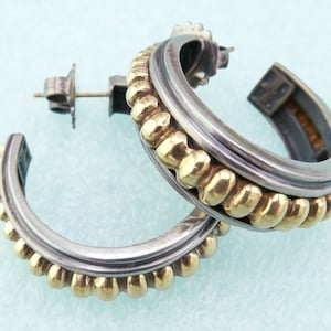 Lagos Caviar Sterling Silver 18k Gold Graduated studded Hoop Earrings