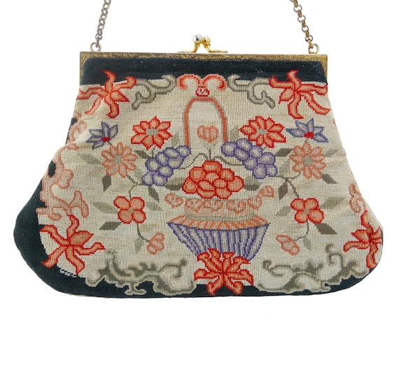 1940s/1950s French Dark Floral Needlepoint Tapestry Walborg Purse Handbag —  Canned Ham Vintage