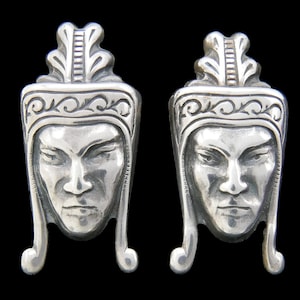 Vintage 1940s Sterling Silver Aztec Warrior Faces Earrings Heads Portraits Unusual