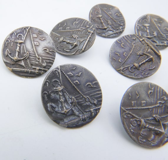 8 Unusual Antique Brass Buttons Anchor Sailboat Birds Ocean