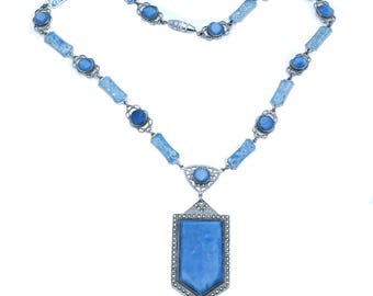 Antique Art Deco Marcasite Enamel Rhodium Necklace blue