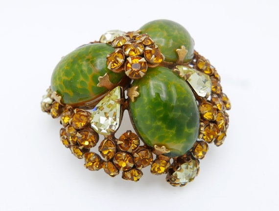 Vintage Schreiner Rhinestone Green Domed Brooch