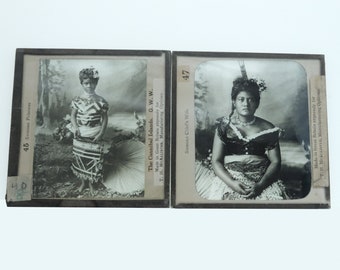 2 Antique 1880s Samoan Princess Child Burton Bros Chief Wife Glass Slides Photos