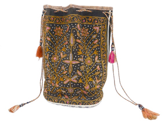 Antique Ornate Embroidered Barrel Purse India Hun… - image 1