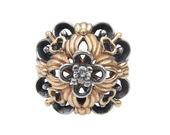 Vintage Renaissance Style  Diamond 14k Gold Sterling Mixed Metal Signed Ring 6.5