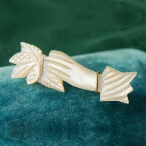 Antique Victorian Carved Mother of Pearl Hand holding flower Pin Brooch