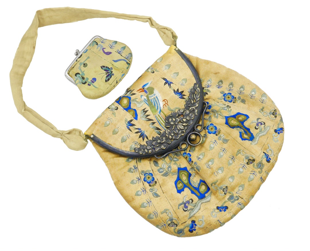 Antique 18thc 19thc Chinese Embroidered Silk Purse Birds Etsy