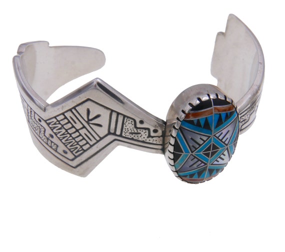 Pueblo Geomtric Vintage Native American Navajo Turquoise Inlay Sterling Silver Bracelet Pueblo Geomtric Vintage Native American Navajo Turquoise Inlay Sterling Silver Bracelet