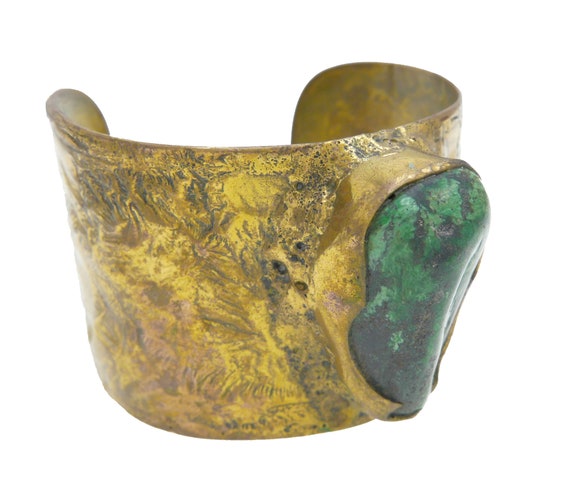 Huge Vintage 1970s Green Turquoise Bronze Cuff Br… - image 1