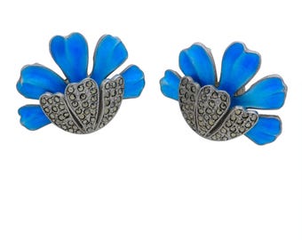 Vintage Blue Enamel Sterling Silver Marcasite Flower Earrings