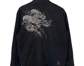Chaqueta vintage de invierno de lana con cremallera completa y logo grande de dragón de la marca japonesa Sukajan