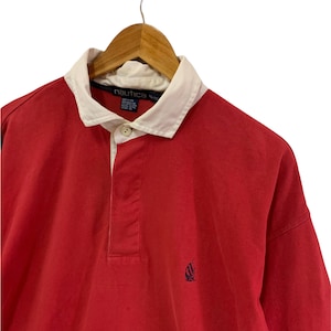 Vintage 90s Nautica Rugby Shirt - 100% Cotton - Red & Navy, Denim