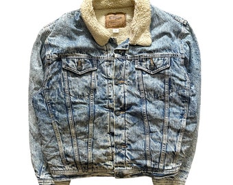 vintage 90s edwin acid wash denim trucker jacket sherpa fleece lining