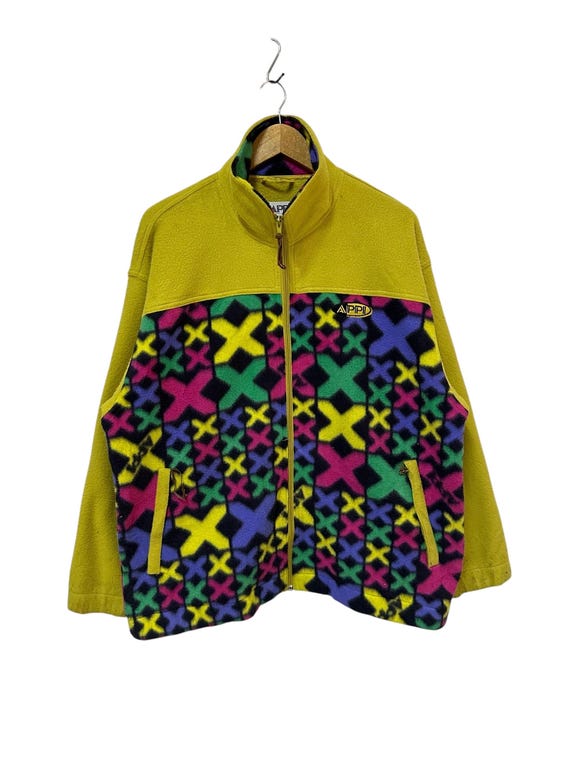 Vintage 90s Appi Yellow Multicolour Fleece Jacket Snow Winter