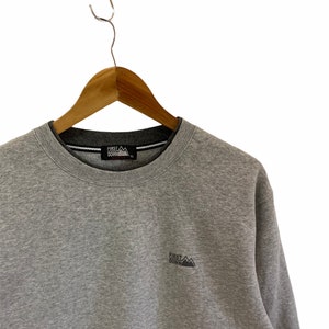 vintage 90s first down sweatshirt small logo jumper pullover crewneck hiking brand outdoor fashion grey colour