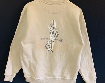 Sudadera Body Glove vintage de los 90 con etiqueta amarilla, logo grande, talla mediana, hecha en EE. UU., estilo surf.
