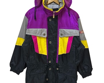 Kurtka narciarska Volpha Colorblock w stylu retro z lat 80. w kolorze fioletowo-żółto-czarnym, z kapturem