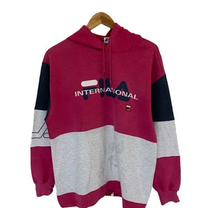 vintage 90s fila international sweatshirt hoodie big logo jumper pullover pink grey sports sweatshirt