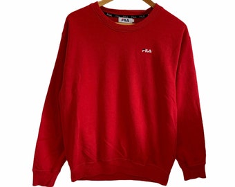Sudadera vintage Fila con logo bordado pequeño, jersey deportivo rojo de talla grande.