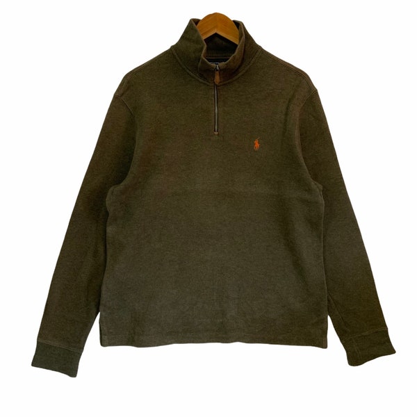 vintage 90s polo ralph lauren sweatshirt half zip olive green orange polo pony jumper pullover large size embroidery logo