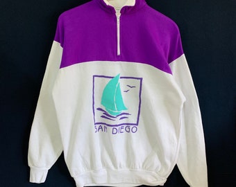 vintage 90s san diego half zip sweatshirt big logo made in usa tag magic large size jumper pullover three star zip