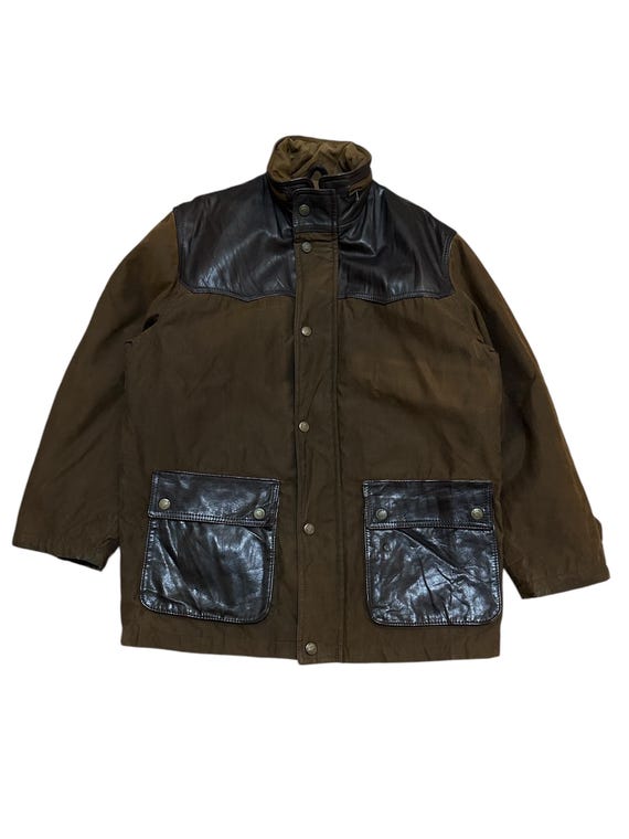 Brioni, Vintage Brioni Linea Waxed Hunting Field Jacket Size 46 M L | Italian Olive Leather Trim Wool Lined Made in Italy