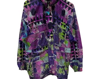 Giacca K-Way vintage anni '90 / Giacca a vento con stampa geometrica colorata / Giacca retrò viola e verde / Cappotto da esterno unisex per uomo e donna