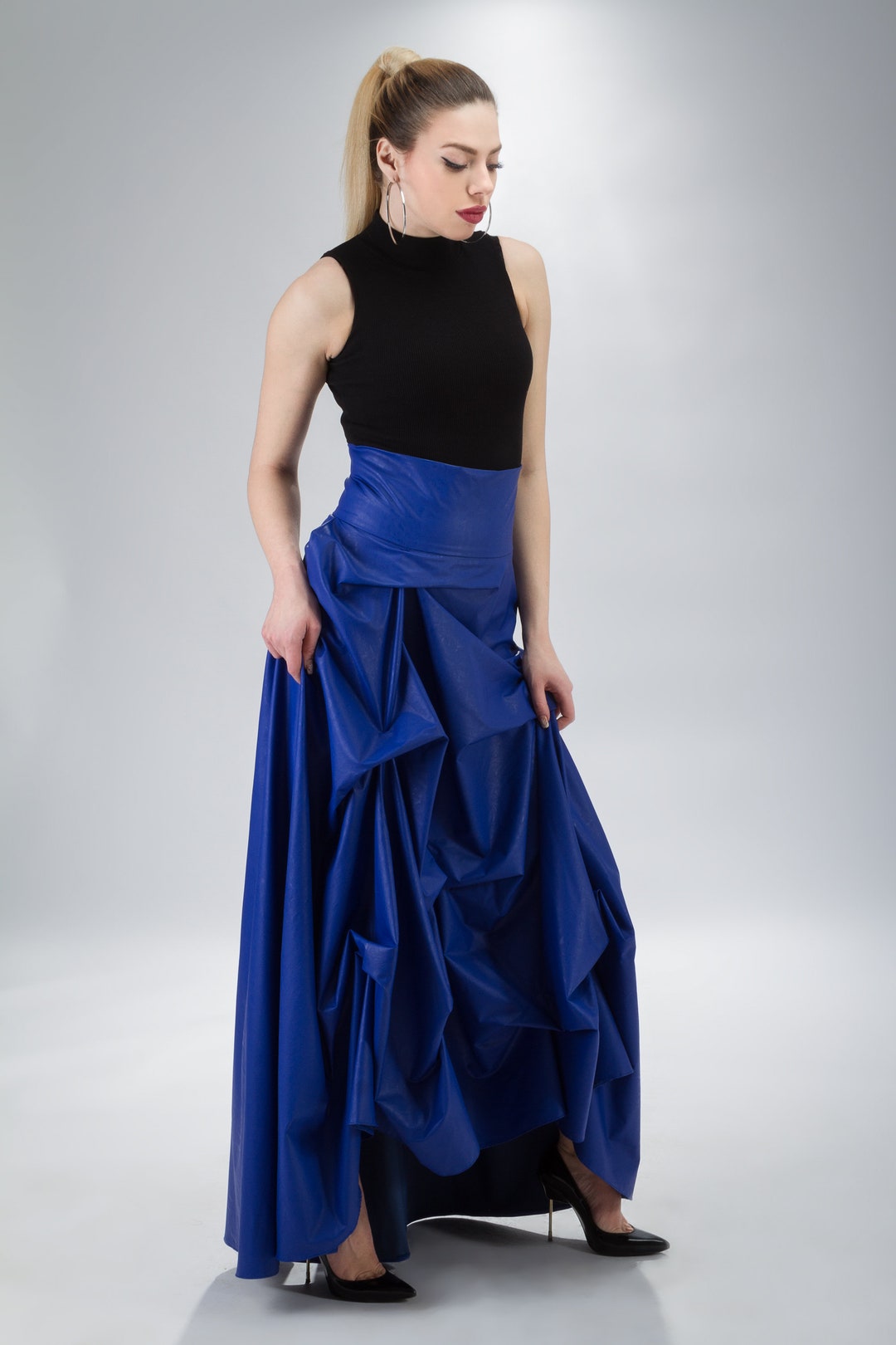 Blue Peasant Skirt Faux Leather Long Skirt Asymmetrical Blue Etsy