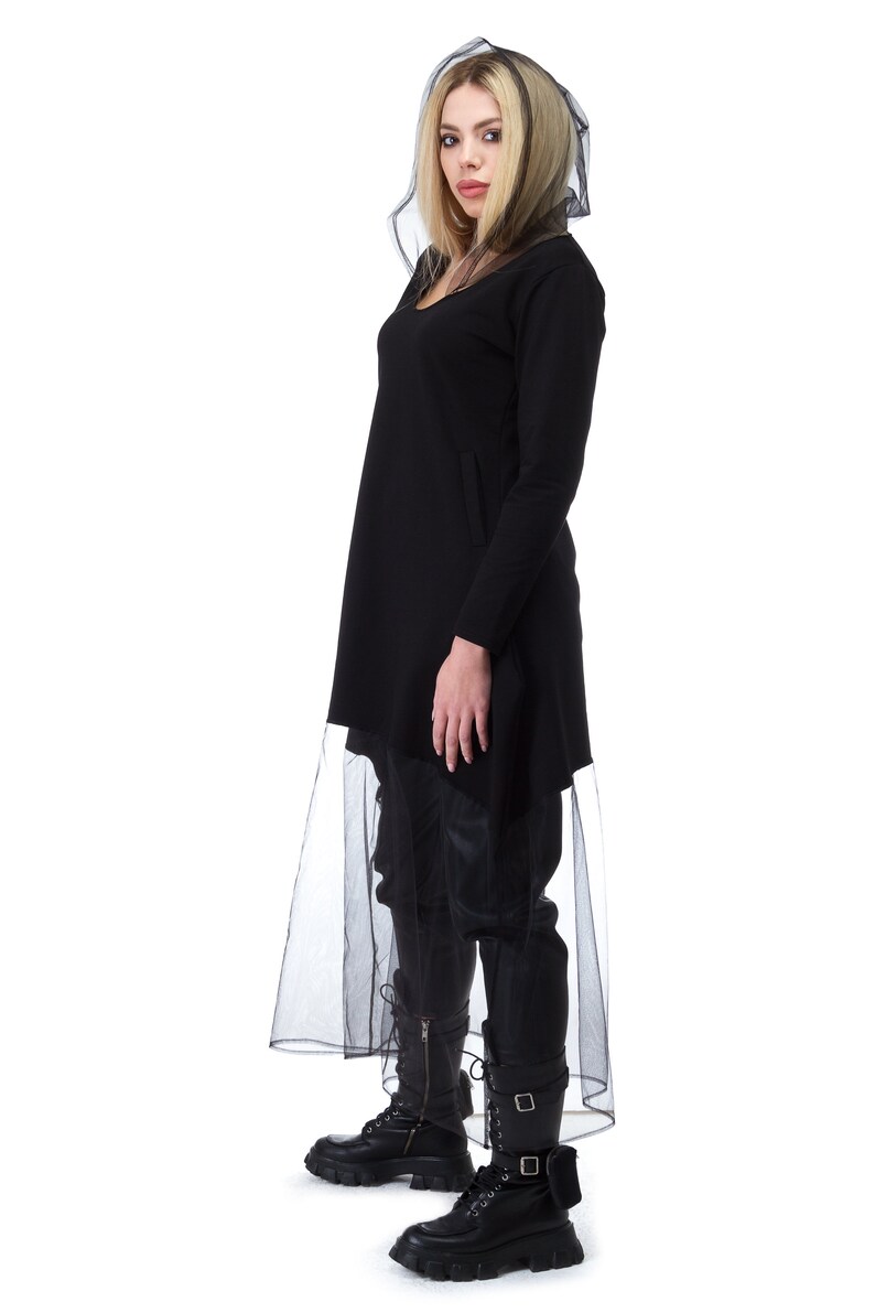 Steampunk Cape XS-XXXXL Extravagant Veil Long Dress Gothic Party Kimono Dress Futuristic Tulle Lace Black Tunic Sheer Hooded Dress