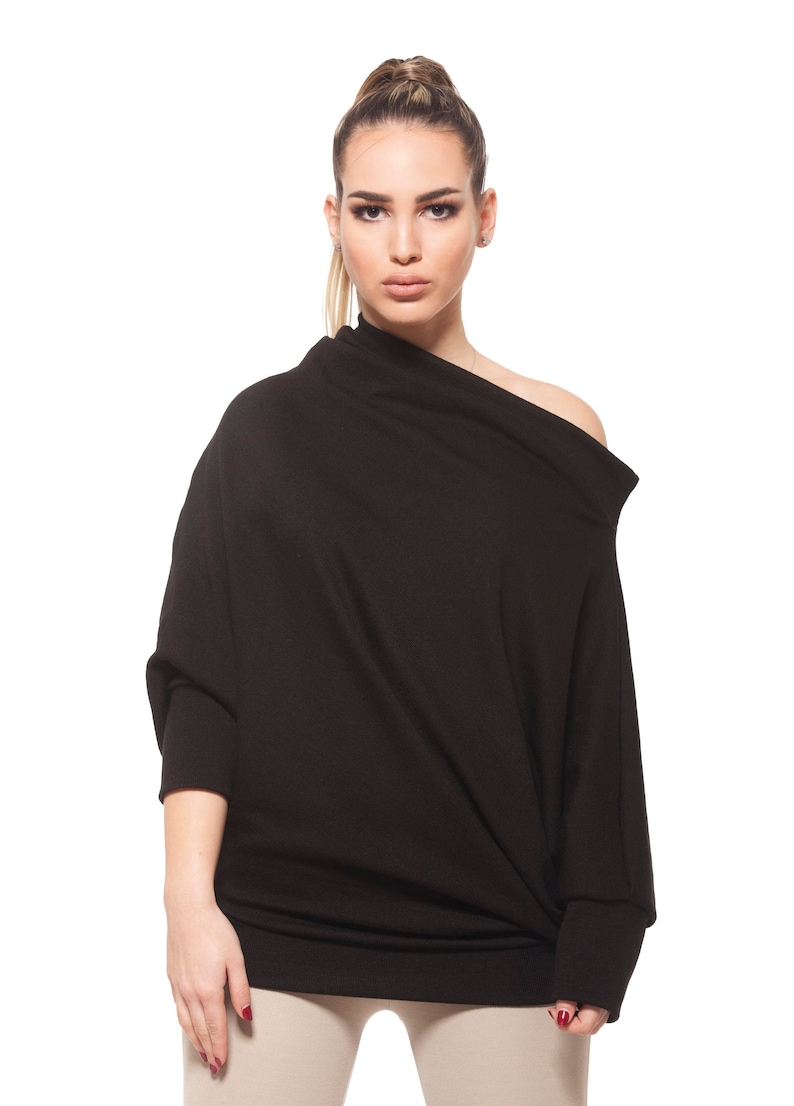 Off Shoulder Sweater Woman Black Long Sleeve Lightweight Knit Etsy