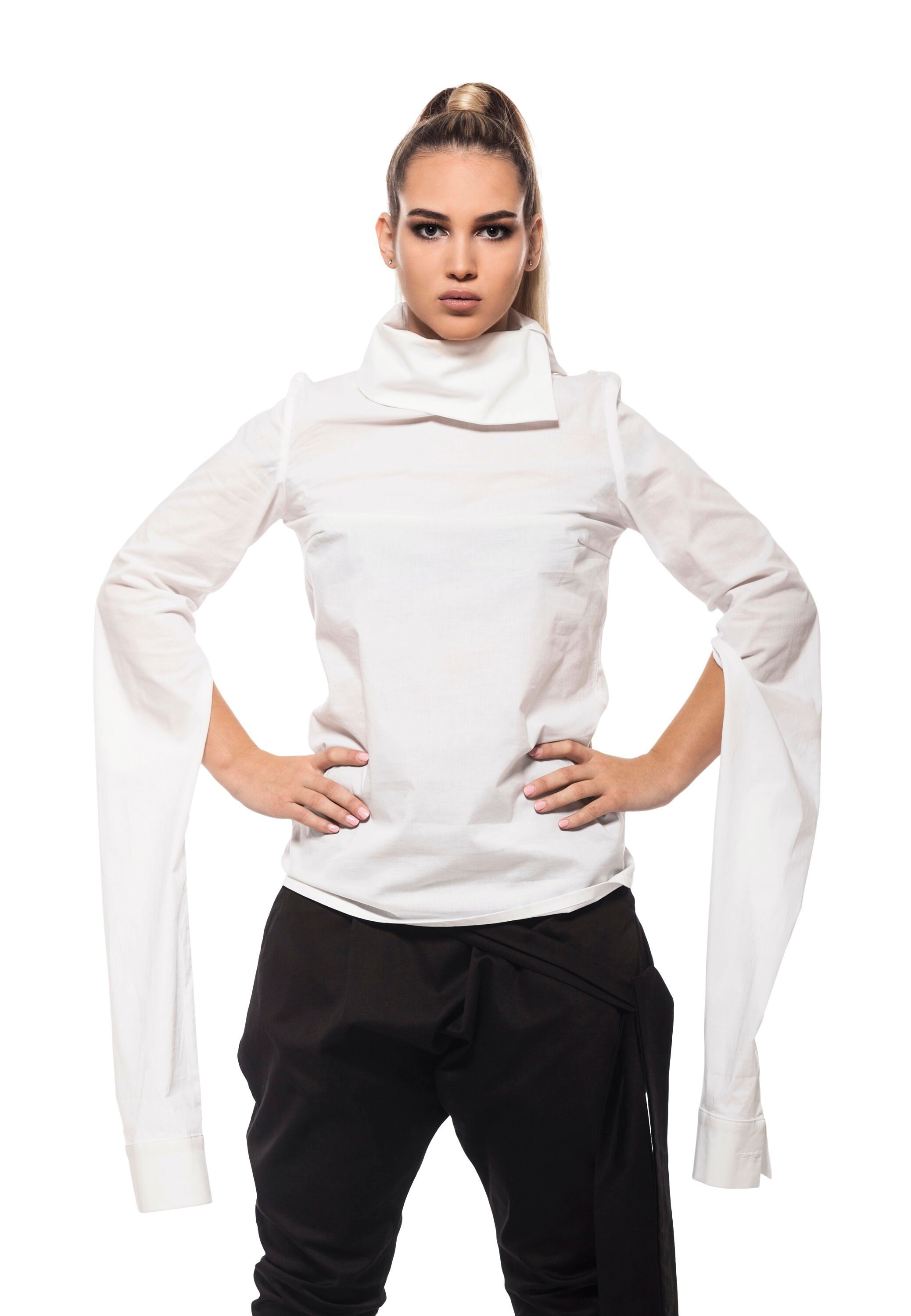Long Sleeve Shirt Collar Blouse Asymmetrical Top Asymmetrical Top White Tunic Loose Blouse White Cotton Shirt Victorian Dress