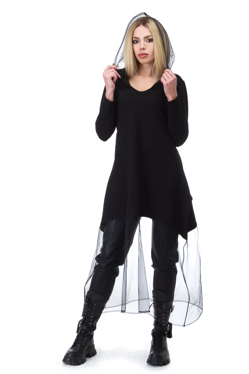 Steampunk Cape XS-XXXXL Extravagant Veil Long Dress Gothic Party Kimono Dress Futuristic Tulle Lace Black Tunic Sheer Hooded Dress