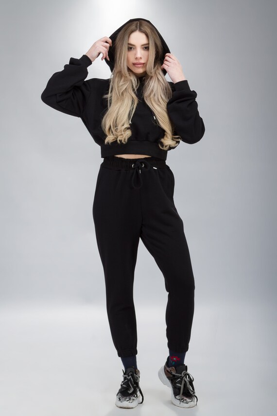 Crop Hoodie and Pants Sweat Suit 
