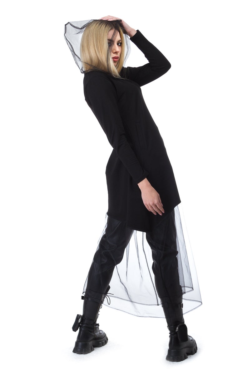 Steampunk Cape XS-XXXXL Extravagant Veil Long Dress Gothic Party Kimono Dress Futuristic Tulle Lace Black Tunic Sheer Hooded Dress