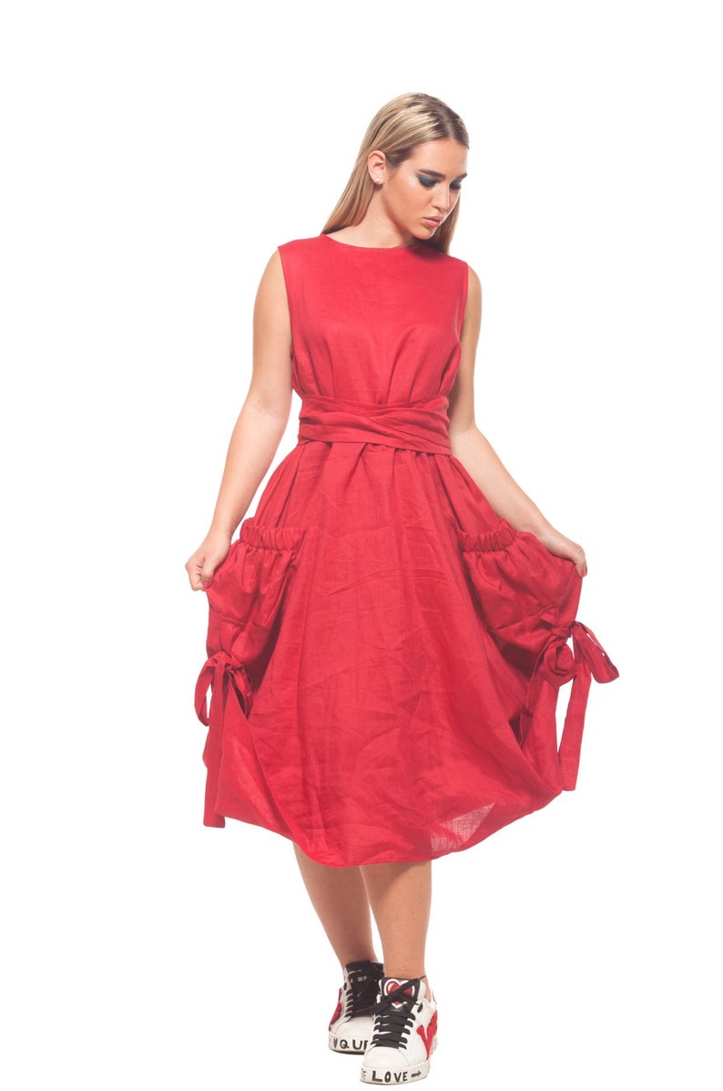 Red Linen Dress, Side Pocket Dress, Hippie Boho Midi Loose Fit D Red Linen Dress, Side Pocket Dress, Hippie Boho Midi Loose Fit D