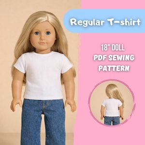Puede incluir: Una muñeca con una camiseta blanca y vaqueros azules. La imagen incluye el texto "Regular T-shirt" y "18" DOLL PDF SEWING PATTERN". La muñeca tiene pelo largo rubio y ojos azules.