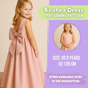 Może przedstawiać: Jasnoróżowa sukienka z dużą kokardą z tyłu. Sukienka bez rękawów ma rozkloszowaną spódnicę. Obraz zawiera tekst "Kristina Dress PDF Sewing Pattern" i "ROZMIAR: US 8 LAT EU 128 cm".