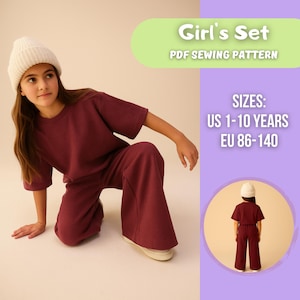 Girls Oversized T-Shirt & Wide Leg Pants Sewing Pattern | Kids Lounge Set PDF | Beginner Friendly | Sizes 1–10 Years | EU 86–140