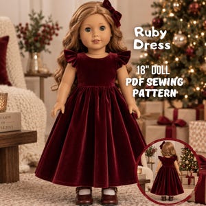May include: A doll wearing a dark red velvet dress with flutter sleeves and a matching hair bow. The text reads Ruby Dress 18" DOLL PDF SEWING PATTERN. The doll has long wavy brown hair and wears dark brown shoes.